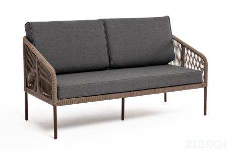 "Канны" диван 2-местный плетеный из роупа, каркас алюминий коричневый (RAL8016) муар, роуп коричневый круглый, ткань темно-серая 027 
