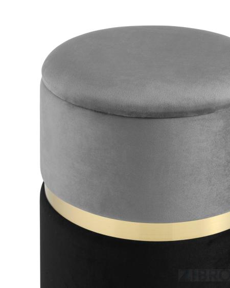 Пуф Кэрри с ящиком велюр серо-черный с декоративным золотым ободком 